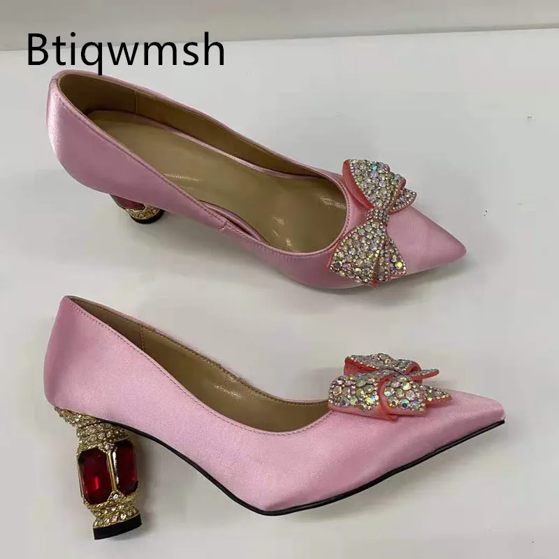 

Pink Luxury Satin Shoes Woman Pointed Toe Rhinestone Butterfly Knot Crystal Diamond High Heels Pumps Lady Sexy Wedding Shoes