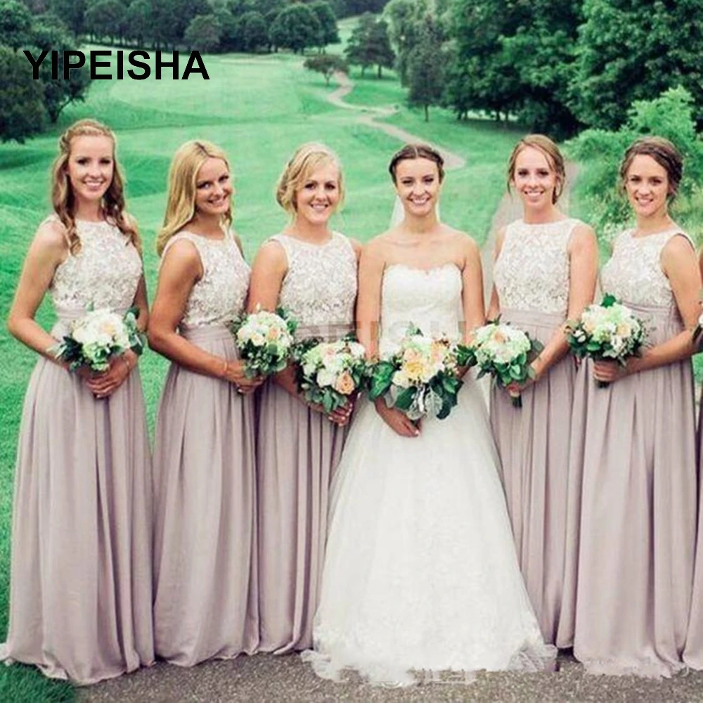 

Elegant Blush Bridesmaid Dresses A Line Backless Lace Top Sweep Train Long Garden Country Wedding Guest Gowns Maid Of Honor