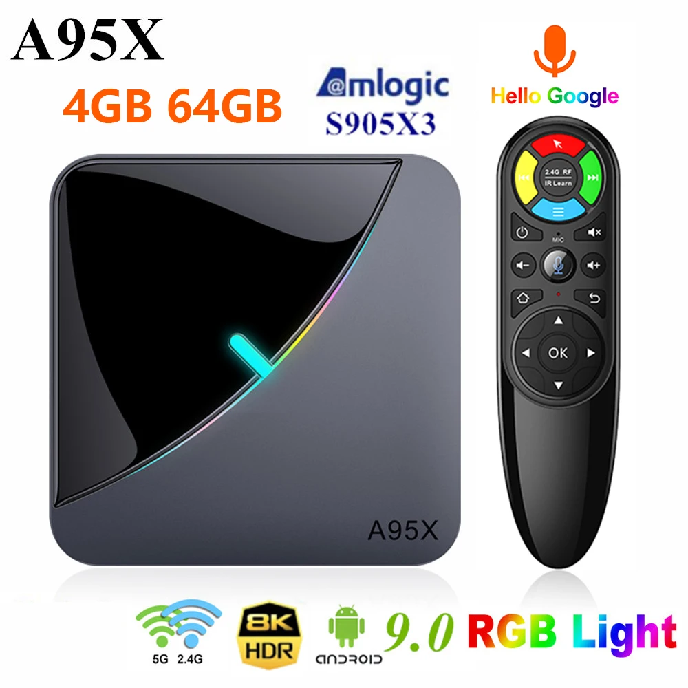 Смарт ТВ Box Android Amlogic S905X3 A95X F3 BOX RGB светодиодный светильник коробка 4 Гб 64