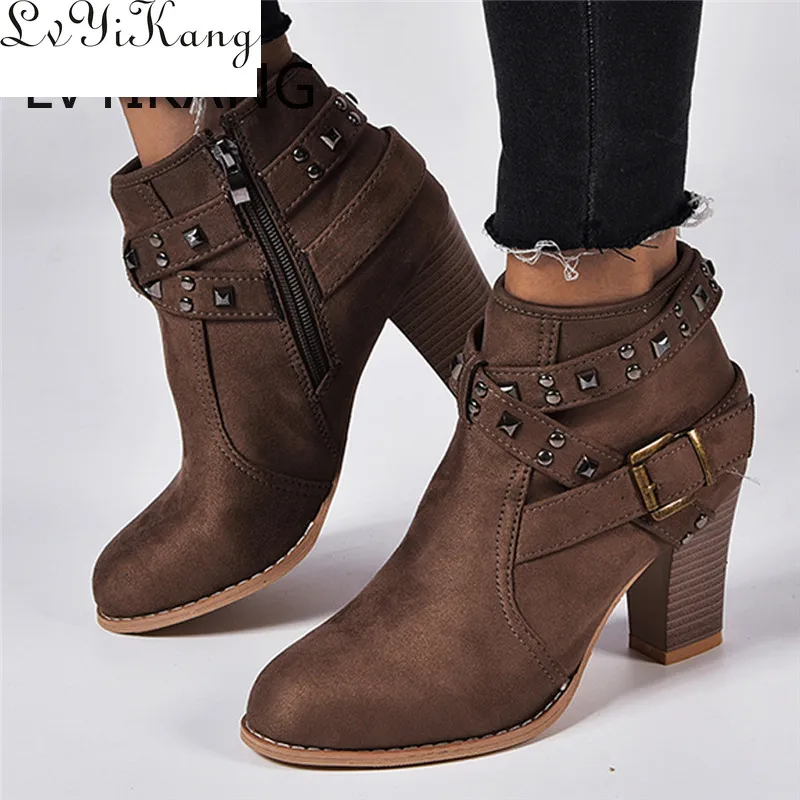 Женские ботинки на молнии с заклепками замшевые ботильоны хлопковым утеплителем