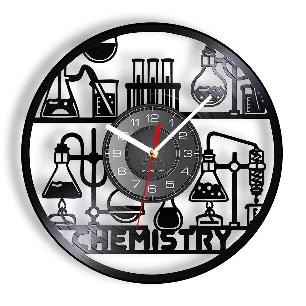 Chemistry Experiments Wall Clock Science Laboratory Vinyl Record Periodical Elements Table Watch With 7-Colors Light Teacher