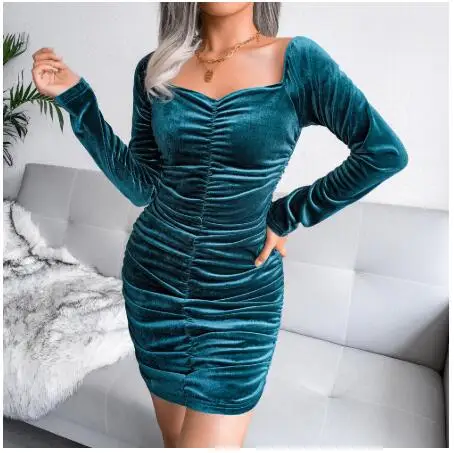 

European and American autumn women's velvet Vestidos sexy temperament elegant square neck dress party dress dresses Dresses