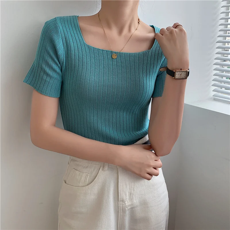 Шикарный квадратный воротник вязаный свитер для женщин модные футболки девочек