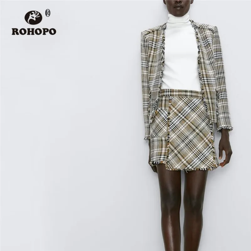 ROHOPO винтажный твидовый в клетку мини-юбка с карманами по бокам кисточками