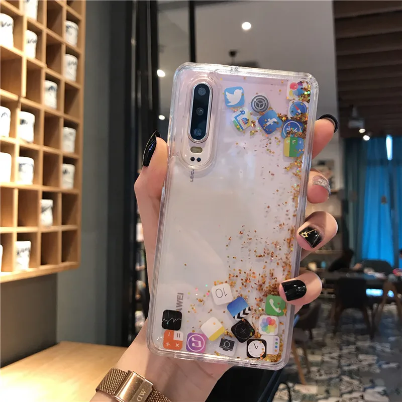 Quicksand Shell Cute APP Icon Coque For Huawei P20 P30 Pro Lite Nova 3 4 5 Honor V20 Liquid Hard PC Phone Case Transparent Cover |