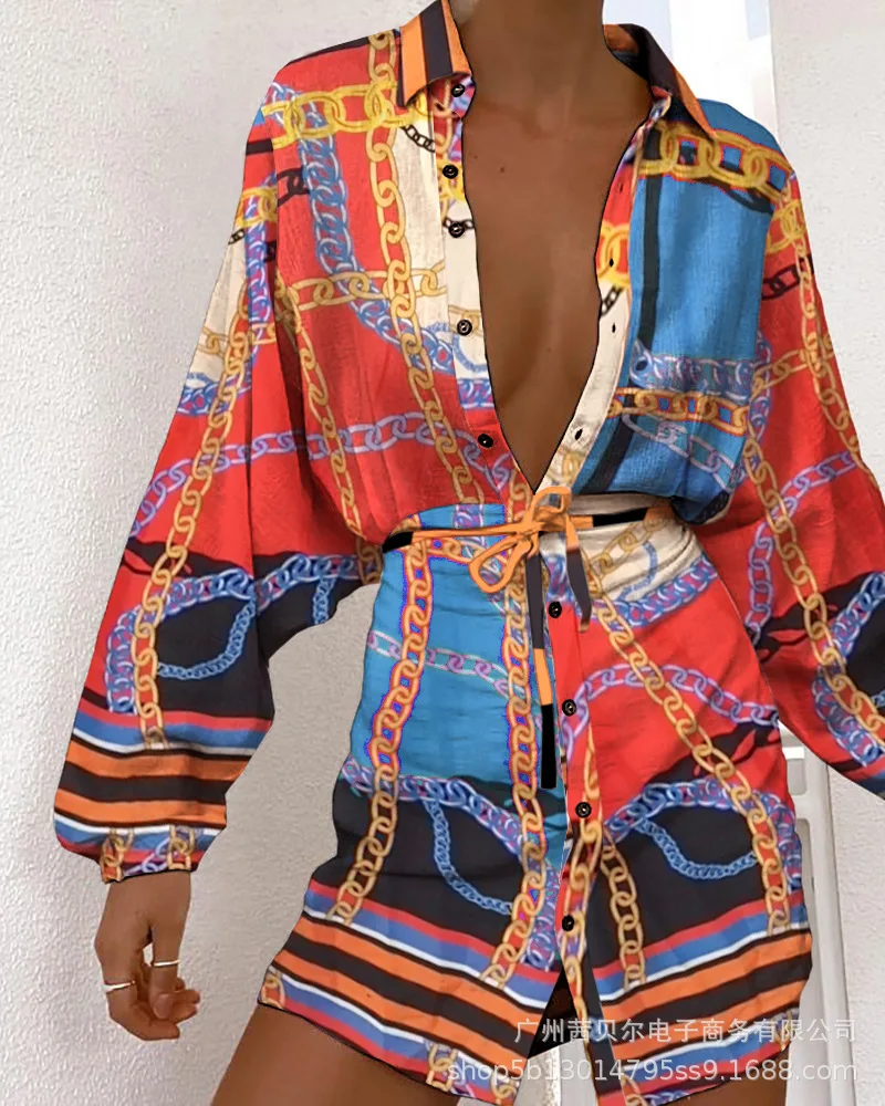 

Print Mini Dress Women 2021 Autumn Fashion Elegant Office Casual Belt Loose Long Sleeve Turn-down Dress