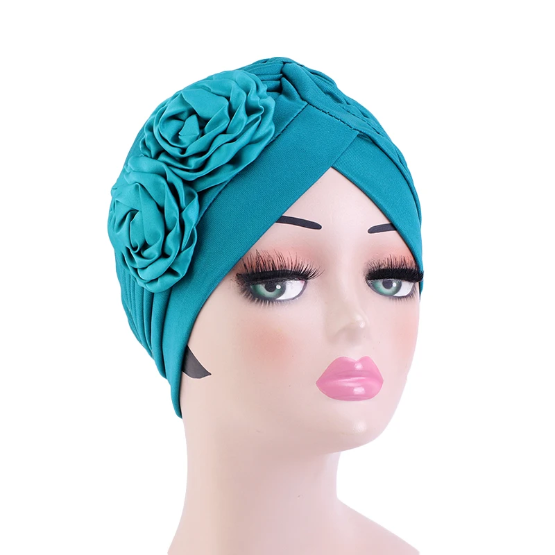 

Women Ruffle Turban Knotted Style Soild Color Elastic Bandana Headwrap With Double Flower India Cap Hair Accessories