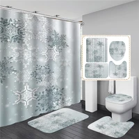 snowflake christmas shower curtain set snowman printed non slip bathroom mat 4 pcs bathing sets toilet cover rug flannel carpet