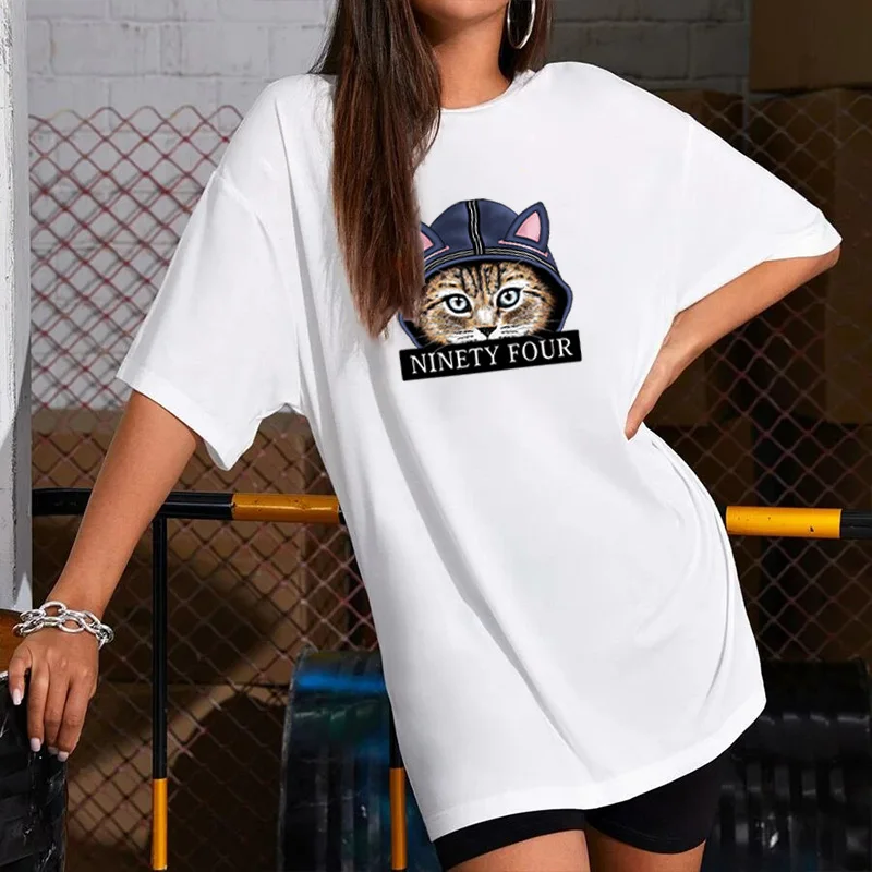 

Summer Dress Mini Ladies Loose Cat Head Print T-Shirt Dresses Korean Short Sleeve Casual Streetwear Pullover Dress