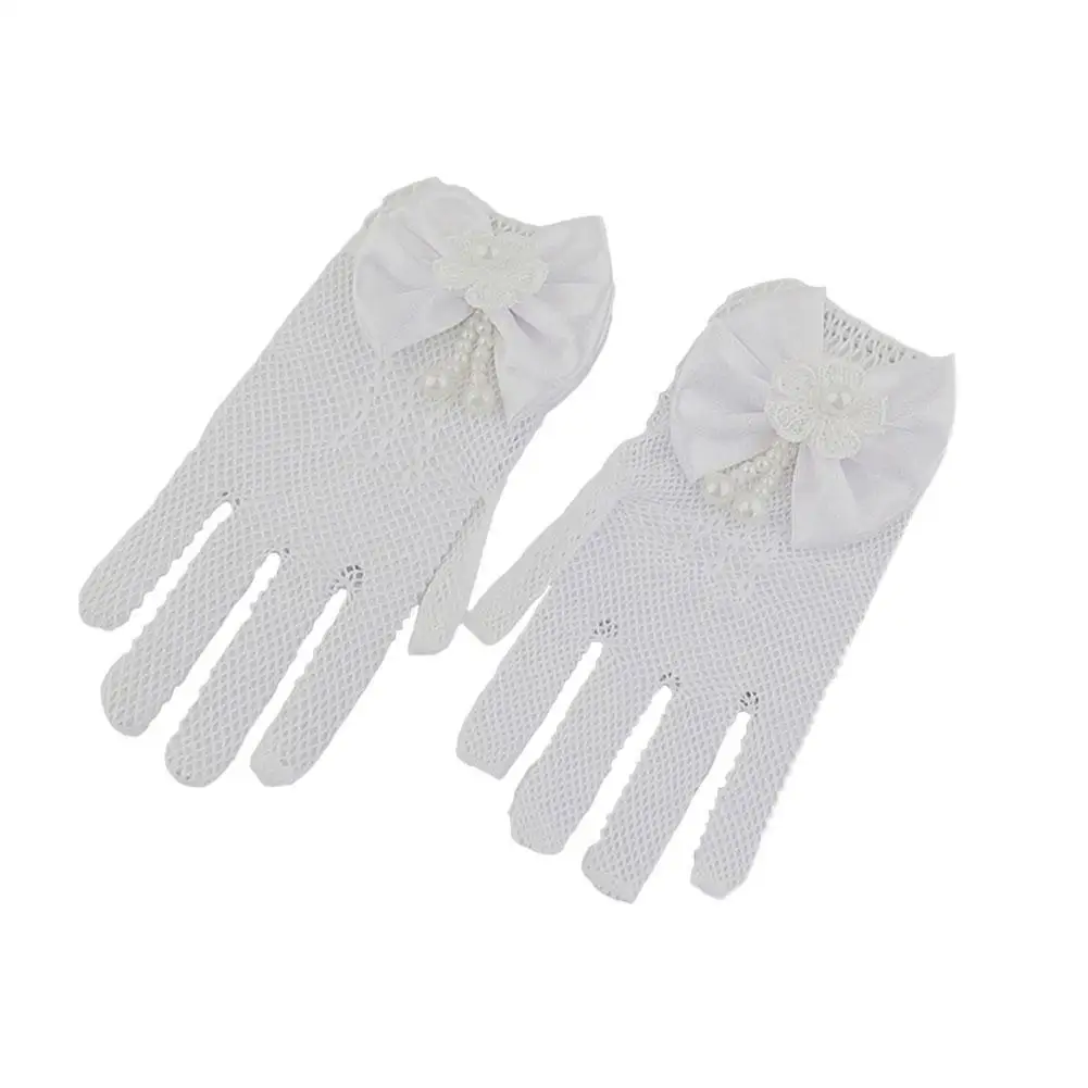

WH 1 Pair Girls Princess Gloves White Hollow Mesh Bowknot Party P5E0