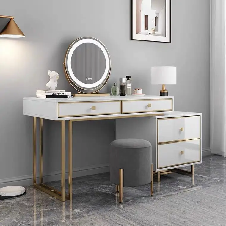 

Factory light luxury white paint tabletop golden shelf bedroom table set