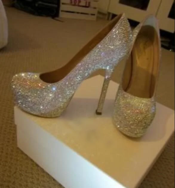 Роскошные свадебные туфли с серебристыми кристаллами женские на каблуках Стразы