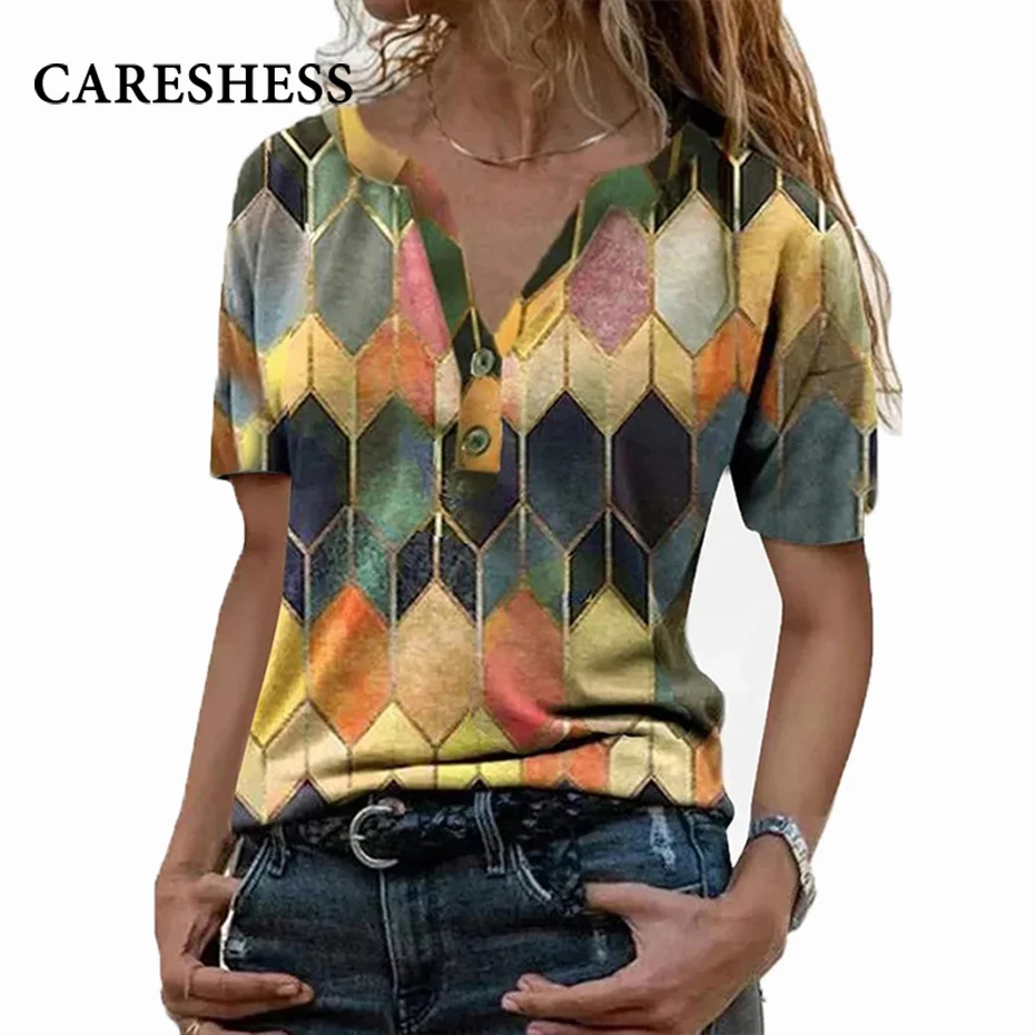 

CARESHESS 2021 Ladies Street Fashion Contrast Color Printed V-neck Short Sleeve Casual Loose Top Casual Outdoor Blouse T-shirt