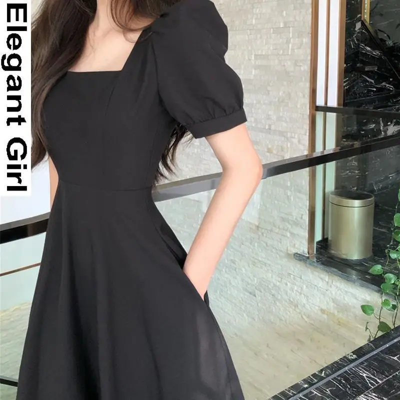 

Girl Korean Fashion Temperament Summer Dress Casual Black White High Waist Square Collar Puff Sleeve Vintage French Dresses