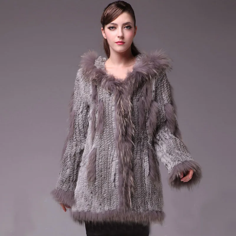 Office Lady Khaki Middle Length Jackets Women Winter Warm Real Fur Coats Knitted Raccoon Dog Fur Rabbit Hooded Luxury Overcoats