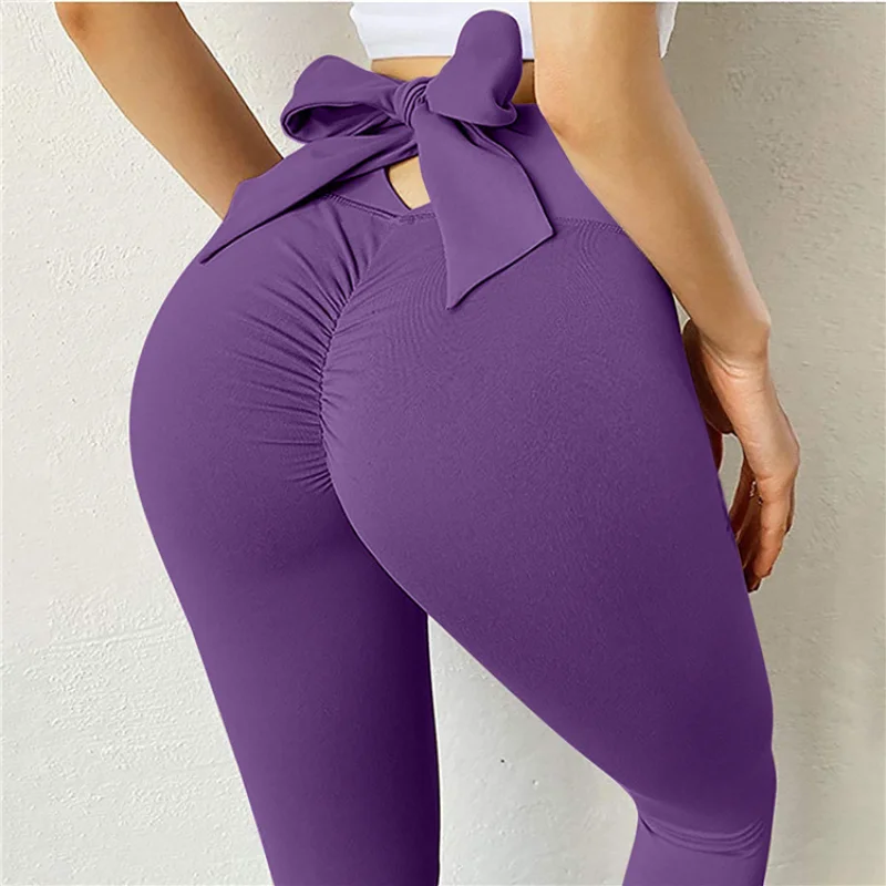 

2021 New Bowknot Fitness Sports Tights Nude Slim Pure Color high waist leggings
