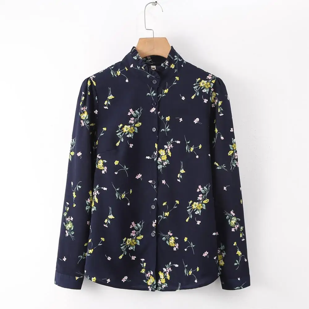 

2020 New Women's Flower Print Blouses Long Sleeve Shirt for Women Chiffon Blouse Casual Navy Shirts