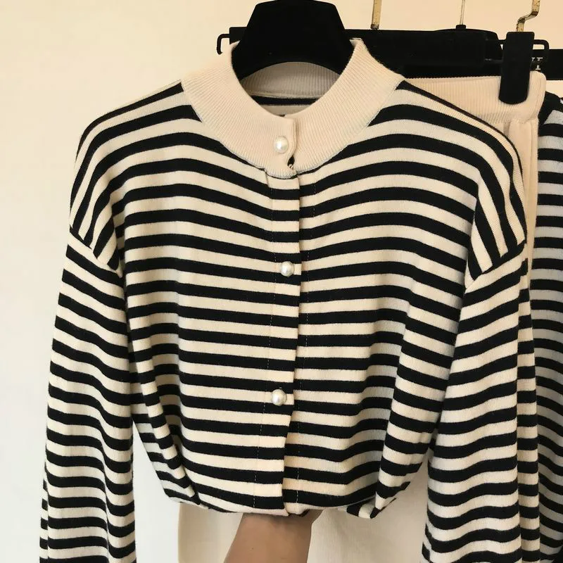 Neploe, маленький аромат, Chandal Mujer, винтажный, для взрослых, полосатый, вязаный, Женский комплект, Осень-зима, короткий кардиган+ широкие штаны, 46470