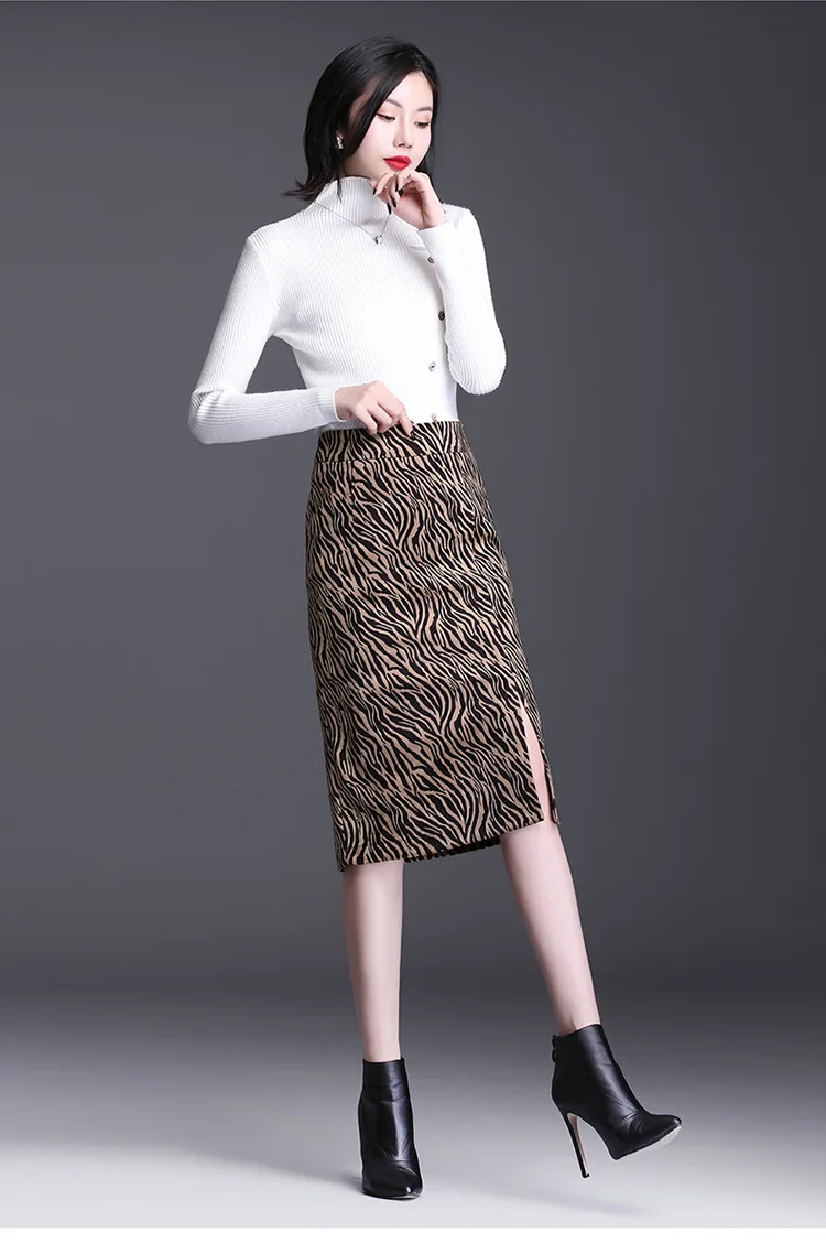 

Women High Waist Plus Size 4XL Slim Casual Zebra Pattern Skirt Autumn Winter Lady Elegant Korean Knee-Length Slit Pencil Skirts