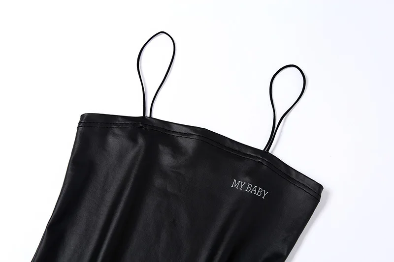 

Europe and America hot sale 2020 autumn new PU leather reflective letters bronzing sling split dress