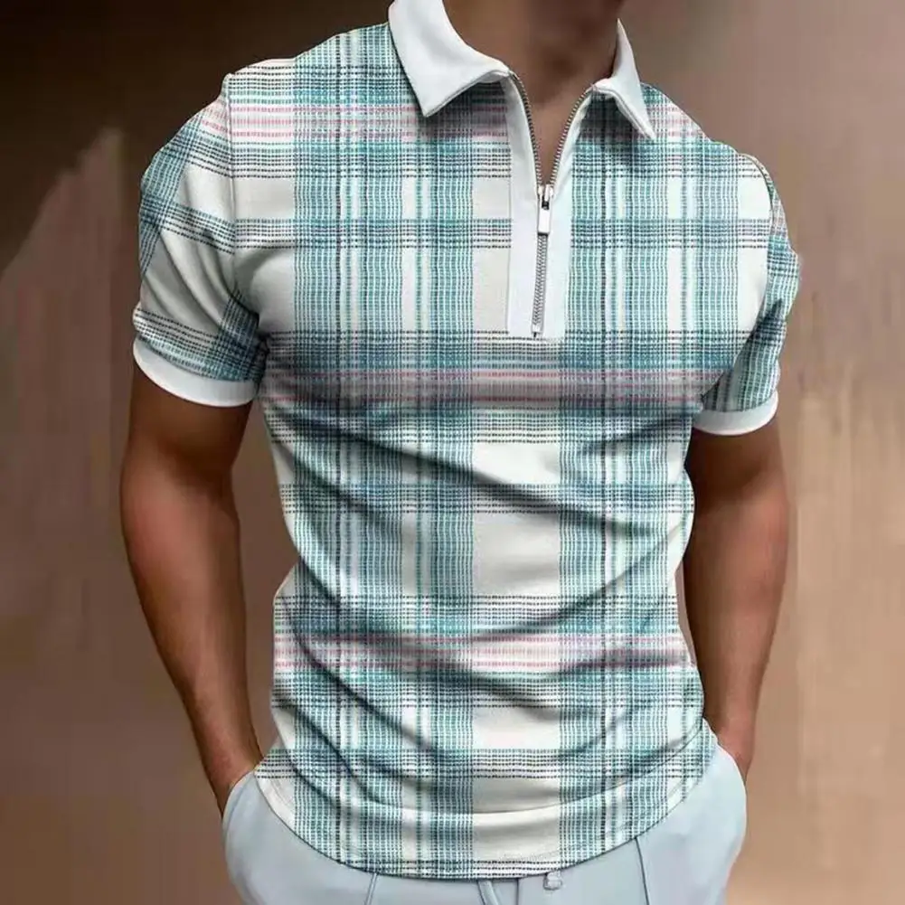 

Summer Men Striped Shirt Turn-down Collar Men T-shirt Print Thin Zipper Short Sleeve Summer Shirt Top Streetwear Blouse
