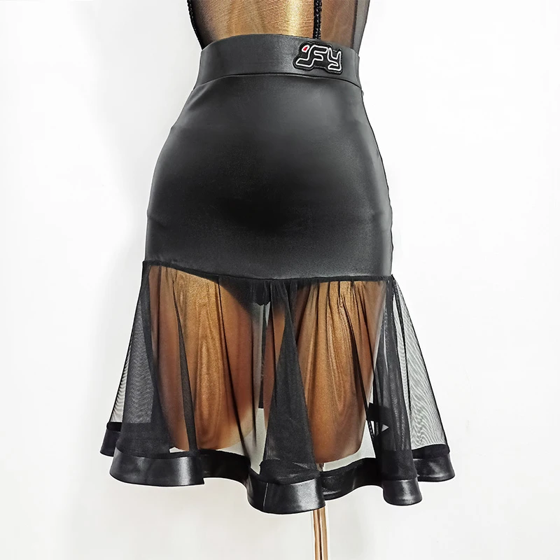 

Latin Dance Skirt Women'S New Pu Stitching Sexy Mesh Half Skirt Practice Dress Ballroom Chacha Samba Latin Dance Clothes DN7122