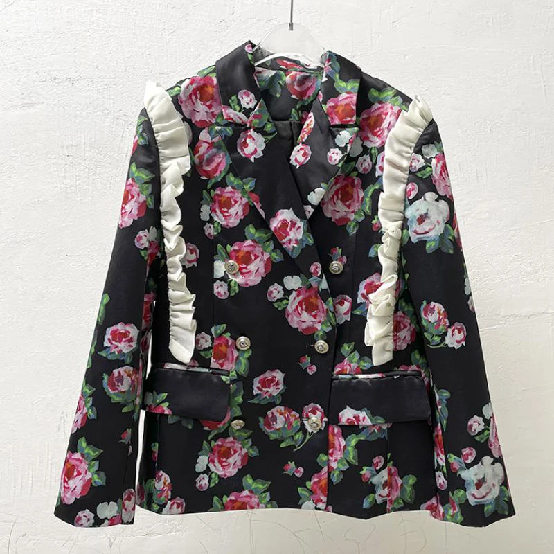 Fall Winter Street Retro Rose Print Designer Fashion Black Jacket Women Loose Long Sleeve Ruffles Patchwork Coat Brand Clothes |