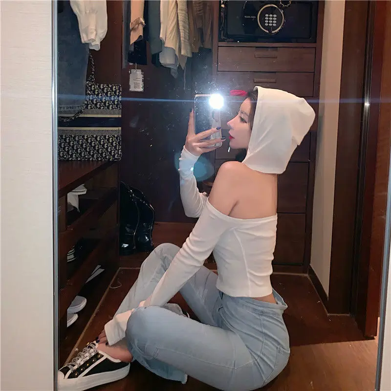 

Woman TShirts Crop Top Spring and Autumn Sexy Hooded Long-Sleeved T-shirt Girls' Tight Top Mujer Camisetas