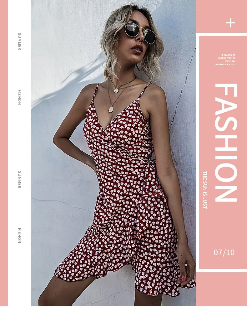 

Fashion Women's Dress New Sexy V-neck Sling Floral Print Irregular Ruffled Sleeveless Dress Strapless Dress for Women Donsignet