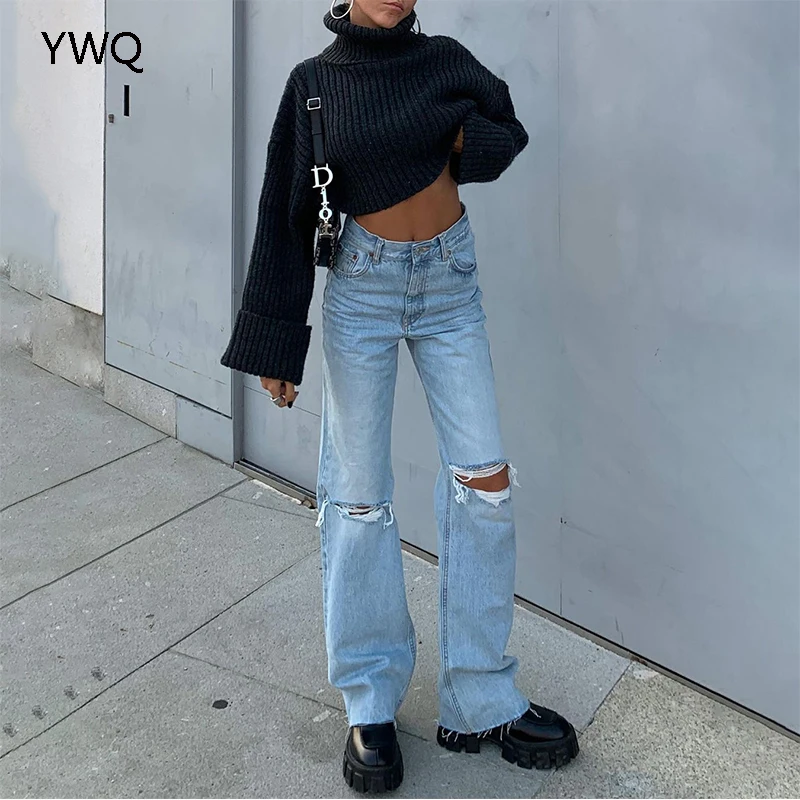 

Cargo Pants Women Jeans High Waist Ripped Baggy Jeans Fashion Vintage Knee Hole Full Length Pants Solid Blue Cool Denim Trousers