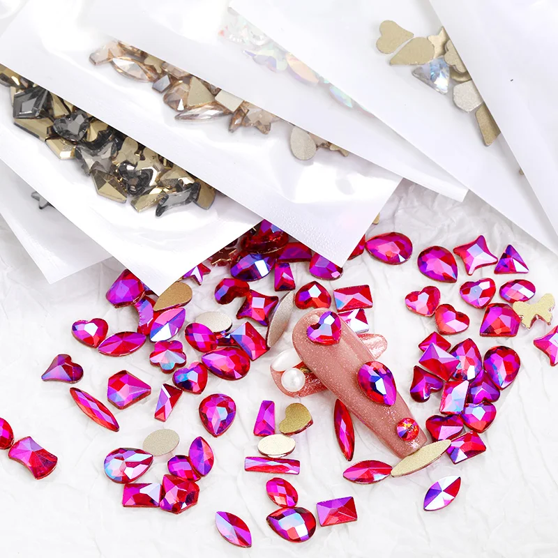 

50Pc Mix Shape AB Rhinestones For Nails Diamonds Stone Fluorescent Nail Parts Large Capacity Glitter Glass Beads Kawaii Nail Art