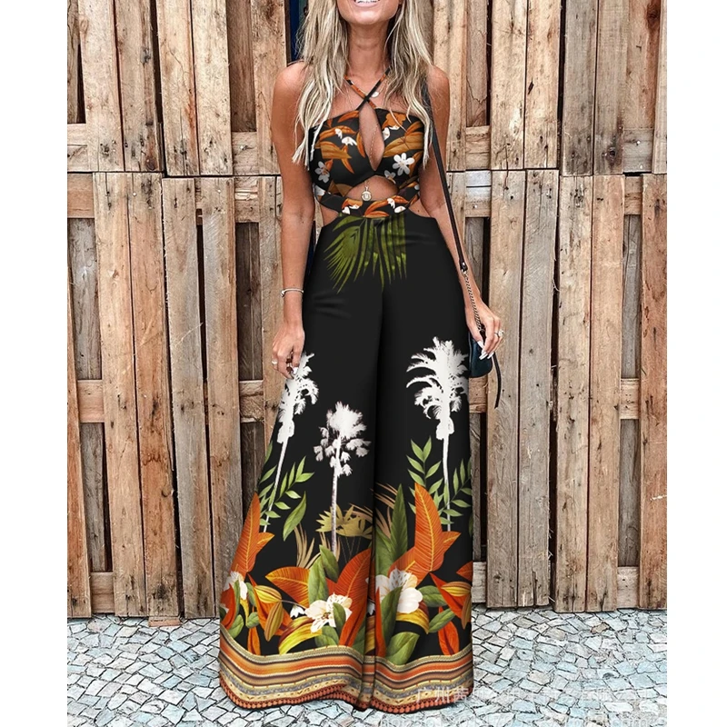 

WEPBEL Jumpsuits Women's Casual Printed Hollow Out Jumpsuits Summer Spaghetti Strap Halter Bandage Backless Flare Jumpsuits