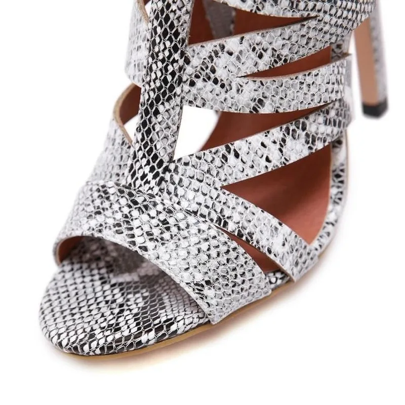 

Snake pattern Motorcycle boots women thigh high boots Peep Toe High 12.5cm Thin Heels Summer female shoes Night club Buckle belt