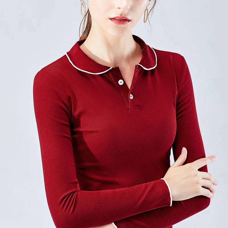 Ретро рубашка поло с воротником осень новинка женская длинным рукавом для