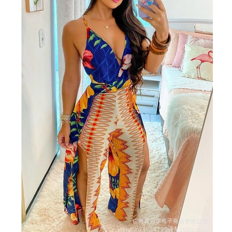 

WEPBEL Printed Loose Jumpsuits Women's Casual V-neck Jumpsuits Summer Sexy Backless Spaghetti Strap Split Wide Leg Jumpsuits
