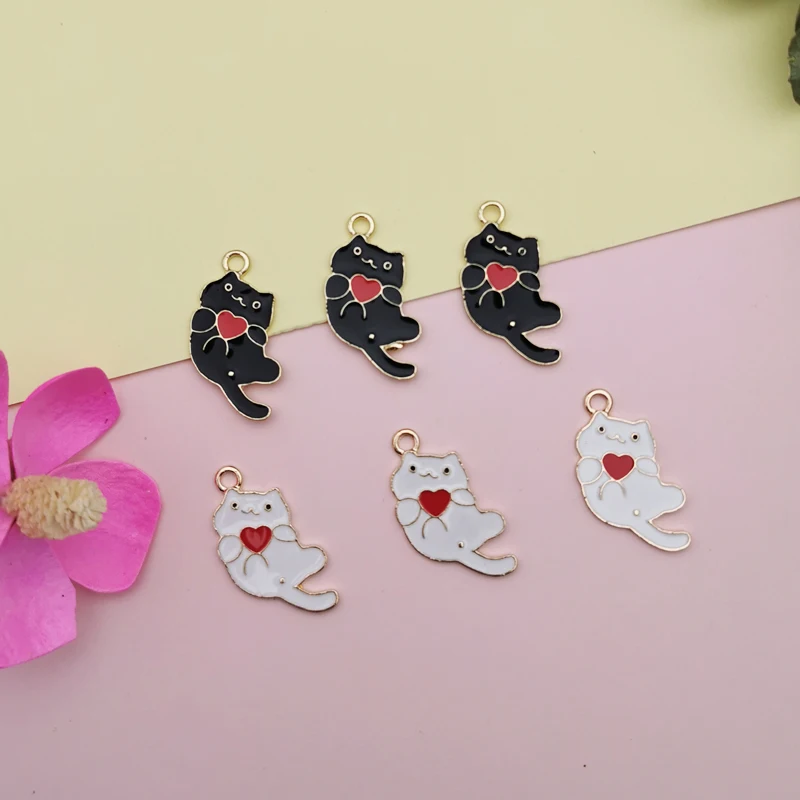

10pcs/bag Cute Heart Cat Animals Enamel Charms Handmade Floating Charms For Jewelry Making Accessories Golden Base Metal Pendant