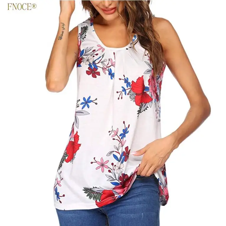 

FNOCE 2021 Summer Hot-Selling Floral-Print round Neck Loose Sleeveless Strap Type Bottoming Shirt Mid-Length T-shirt