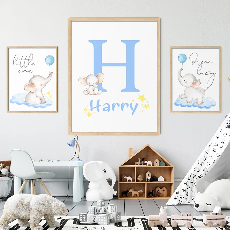 

Blue Balloon Canvas Painting Cute Elephant Art Print Nursery Poster Custom Name Nordic Wall Pictures Kids Baby Room Home Decor