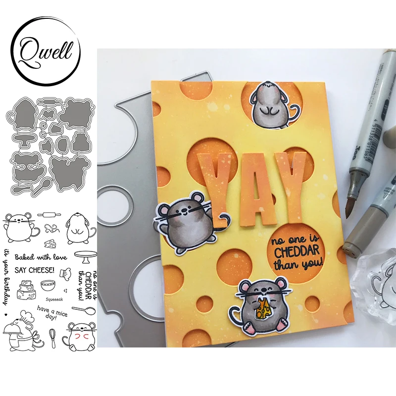 

QWELL Adorable Rat Chef Metal Cutting Dies Match Clear Transparent Stamps Cheese Spoon Bowl Rolling Pin Stencil DIY Craft Cards