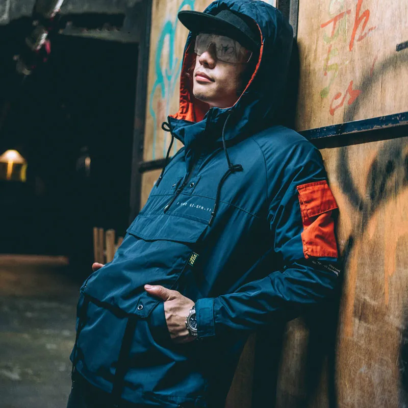 

Pullover Jackets Men Front Pocket 2021 Autumn Half Zipper Hoodie Jacket Male Hip Hop Casual Windbreaker Coat Streetwear Clothing