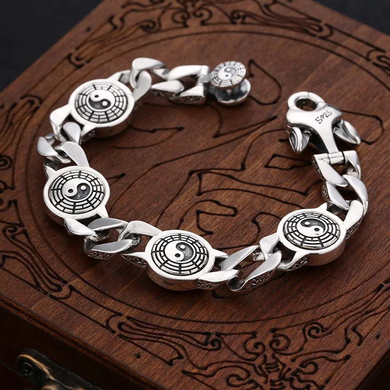 

Silver Beast Tai Chi Bagua Bracelet Bangle 100% Pure 925 Sterling Silver Dragon Tiger Tortoise Suzaku Bracelet for Men Jewelry