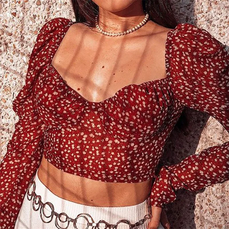 

Women Blouse Sexy Polka Dot Long Puff Sleeve Floral Printed V-Neck Backless Skinny Slim Shirt Spring Summer Autumn Casual Tops