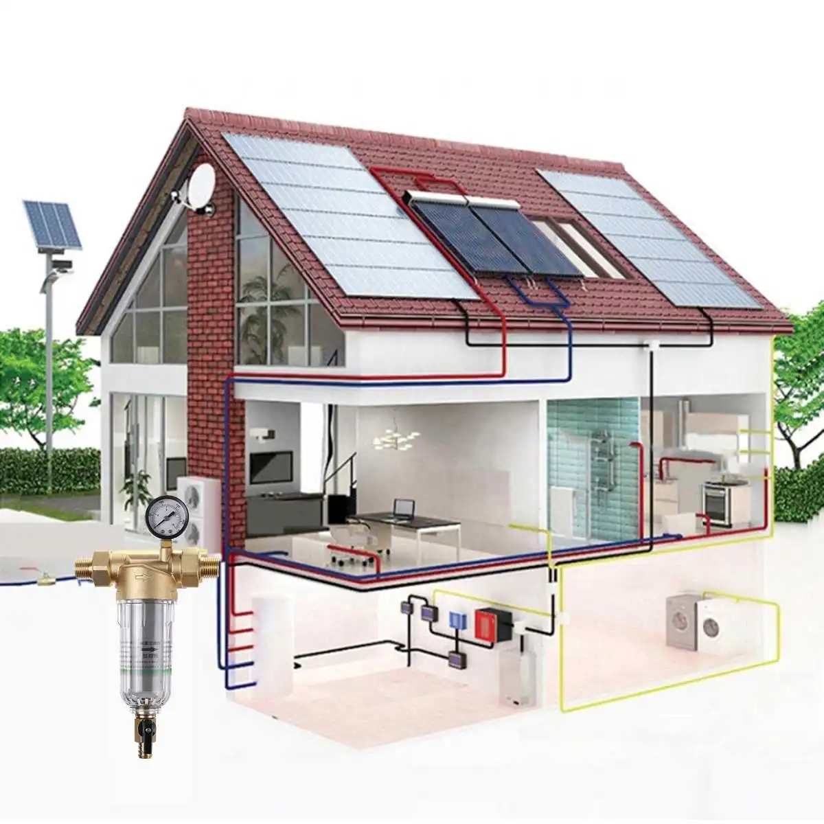 

Water Pre Filter System 1/2'' or 3/4'' Brass Mesh Prefilter Purifier W/ Reducer Adapter&Gauge Water Purifier Pre-filter