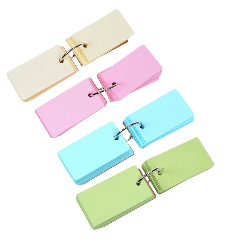 2 PCS Binder Ring Easy Flip Flash Cards Study 100 Unruled Blank Pages (Pink+Yellow & Blue+Green) |