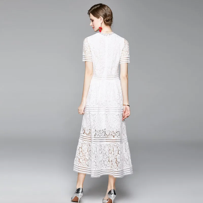 

Lace Dress Women Summer Short Sleeve O-Neck White Green Pink Solid Hollow Out Elegant Fashion Midi Maxi Office Lady Dresses Robe