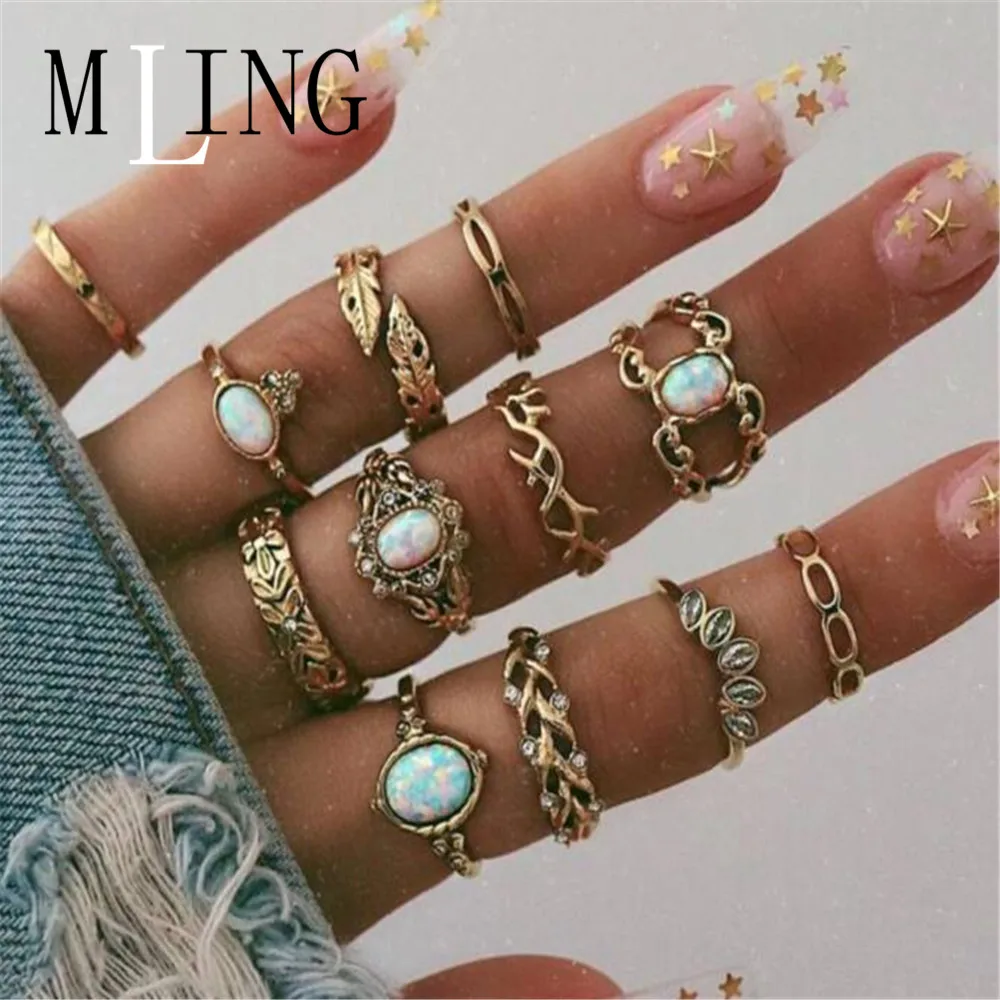 MING 12 Pcs/Set Vintage Gold Alloy Ring Set Fashion Colorful Crystal Geometric Rings for Women | Украшения и аксессуары