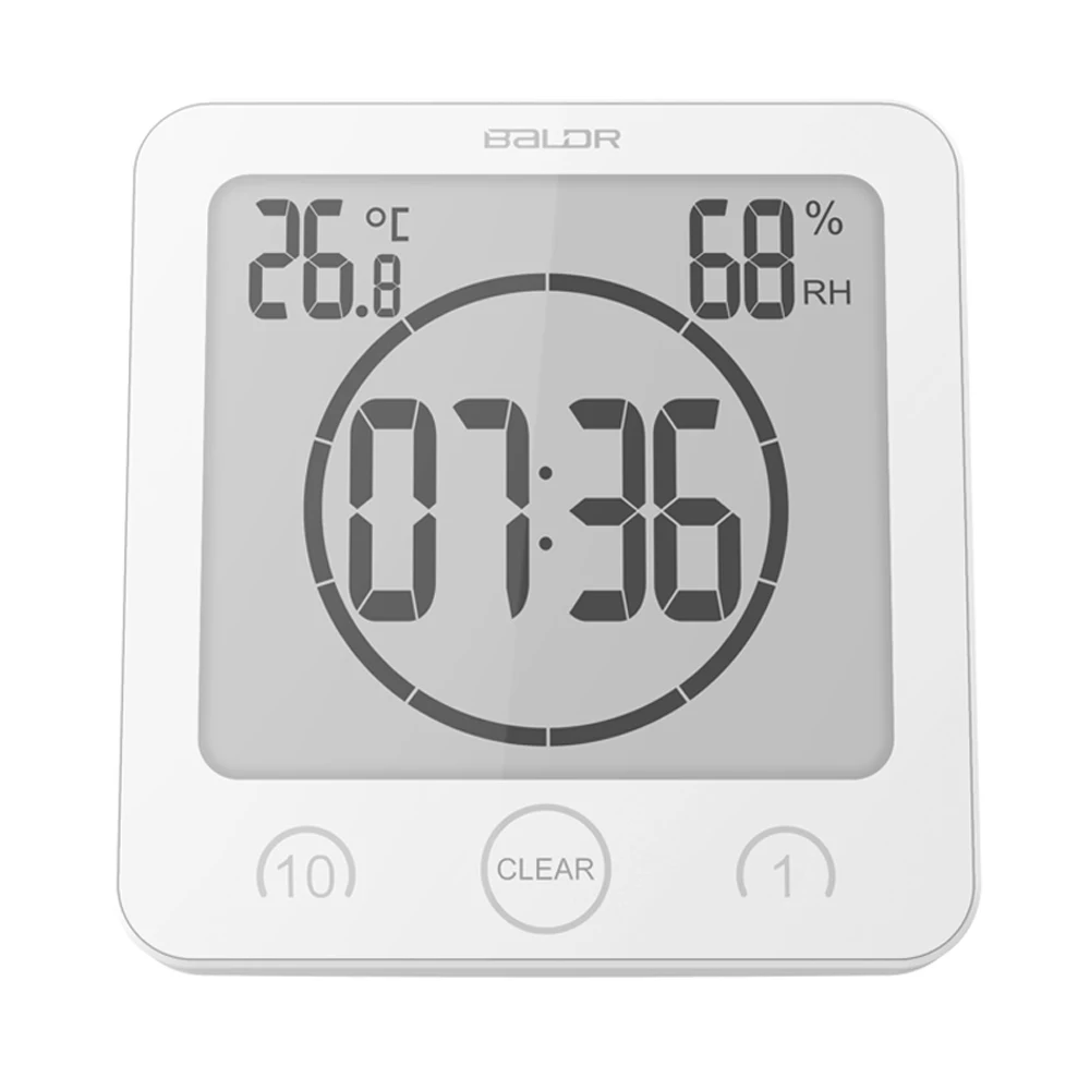 Baldr-Reloj de pared para baño, cronómetro Digital LCD, resistente al agua, con salpicaduras de agua, temporizador de temperatura y humedad, para cocina y baño