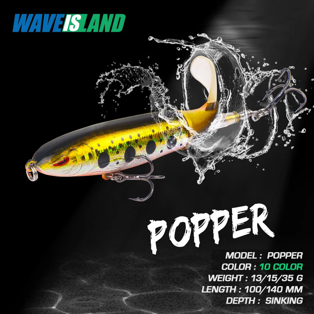 WAVEISLAND Whopper Plopper Fishing Lure Weights 13G 15G 35G Top Water Popper Spinner Bait Topwater Swim Pesca Saltwater Lures