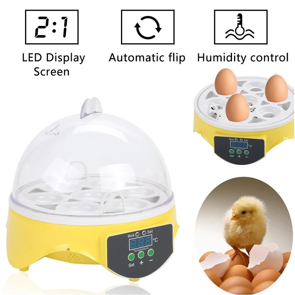 

Инкубатор для яиц, цифровой мини-инкубатор для 7 яиц, автоматический инкубатор с контролем температуры, для курицы, птицы, перепелов, желтый