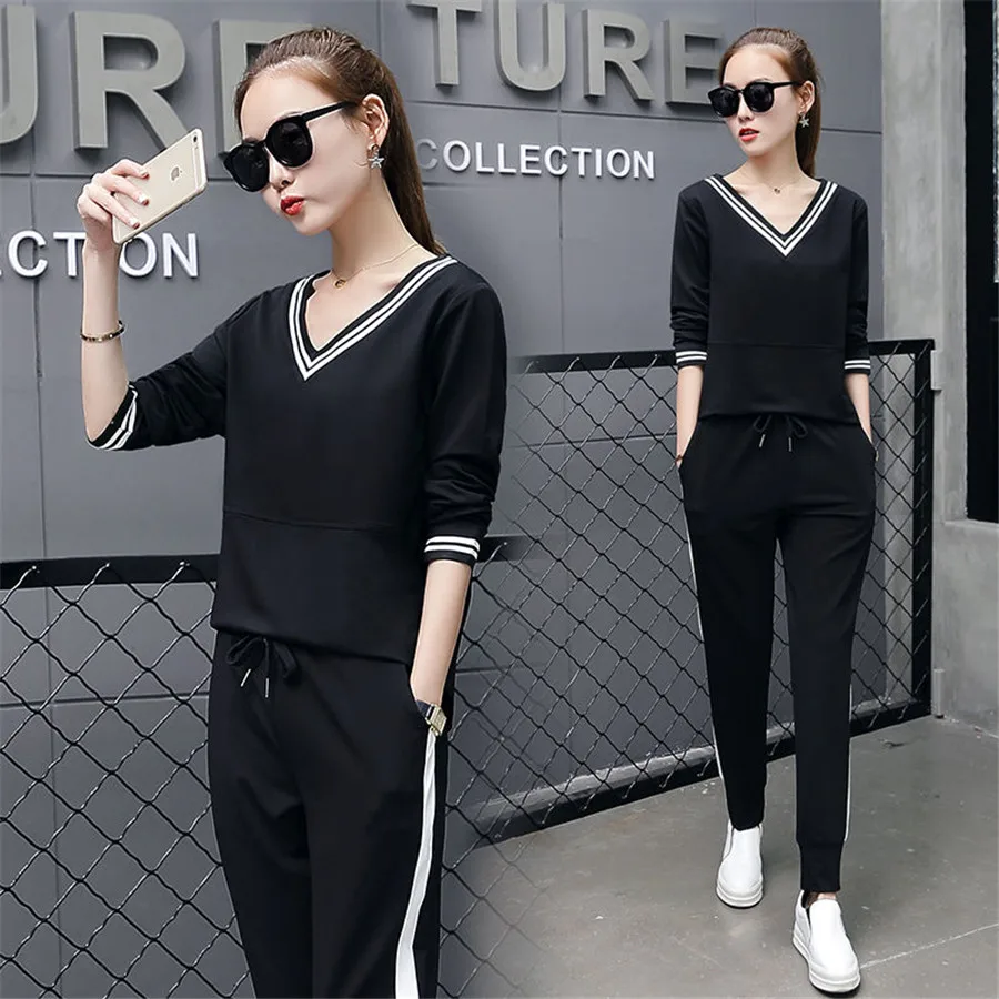 

2020TWO PIECE SET Stripe Pants Women Sweatsuit Runway Tracksuit 2 Pieces Sporting Suit Female Clothing Outfits Plus Size